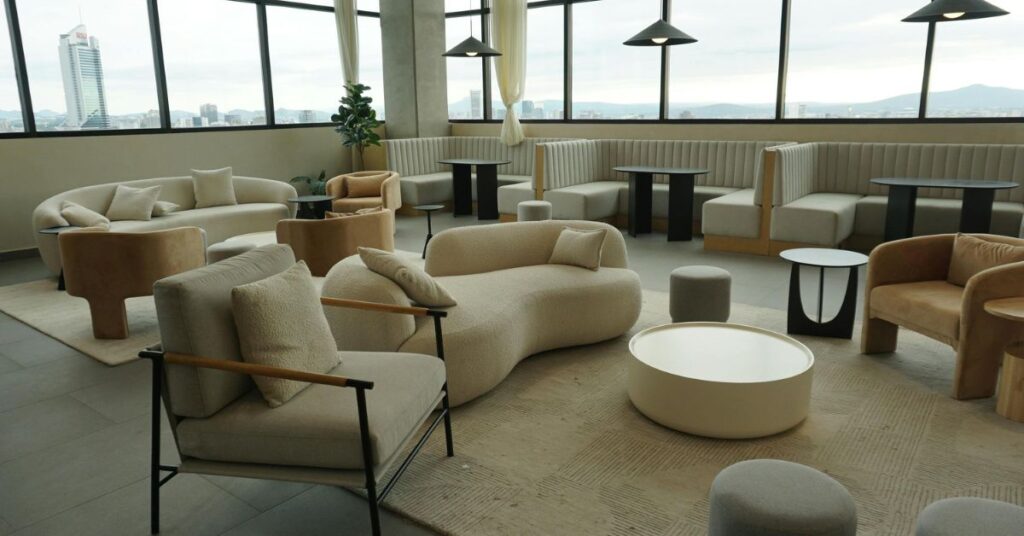 Modern glam interior with sleek lines, metallic accents, and contemporary styling.