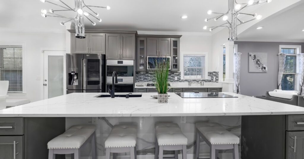 Elegant kitchen with a luxurious marble mix and modern design.
